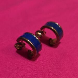 Blue and Goldtone Clip On Hoop Earrings